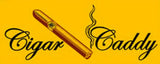 Golden cigar with smoke design on yellow background.