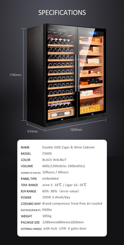 Raching CS600 3,000-Cigar Double Door Electric Cabinet cigar humidor, specifications