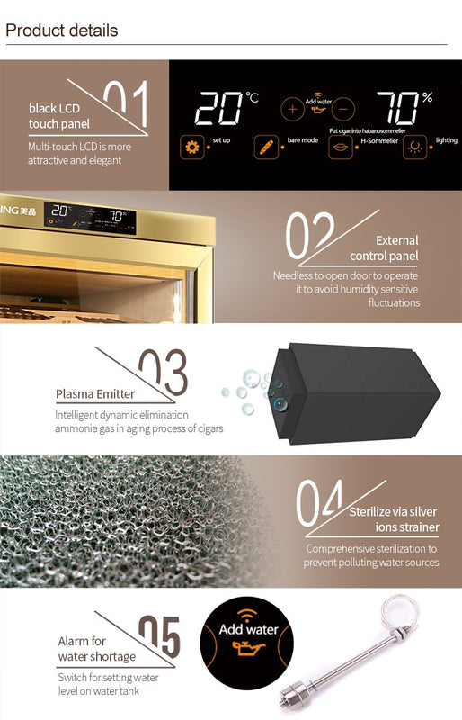 Raching MON2800A 1,500-Cigar Electric Cabinet cigar humidor, control panel and product details